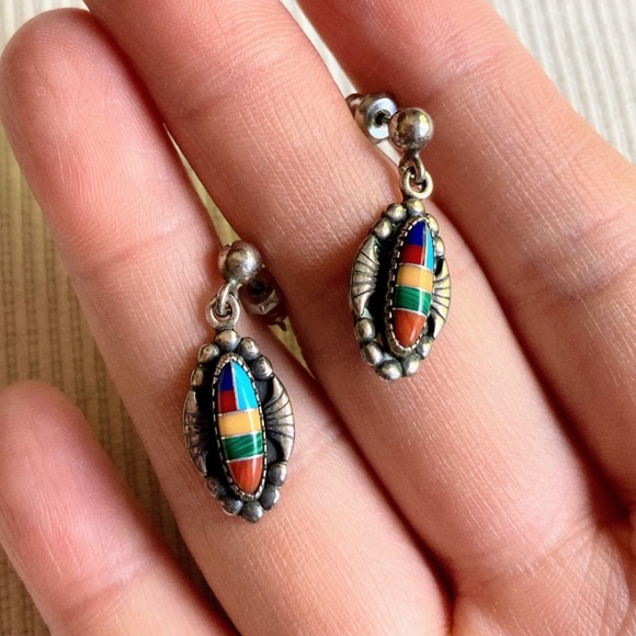 Vintage WM Wheeler Native American Navojo Sterling Silver Inlay Earring - Picture 9 of 13